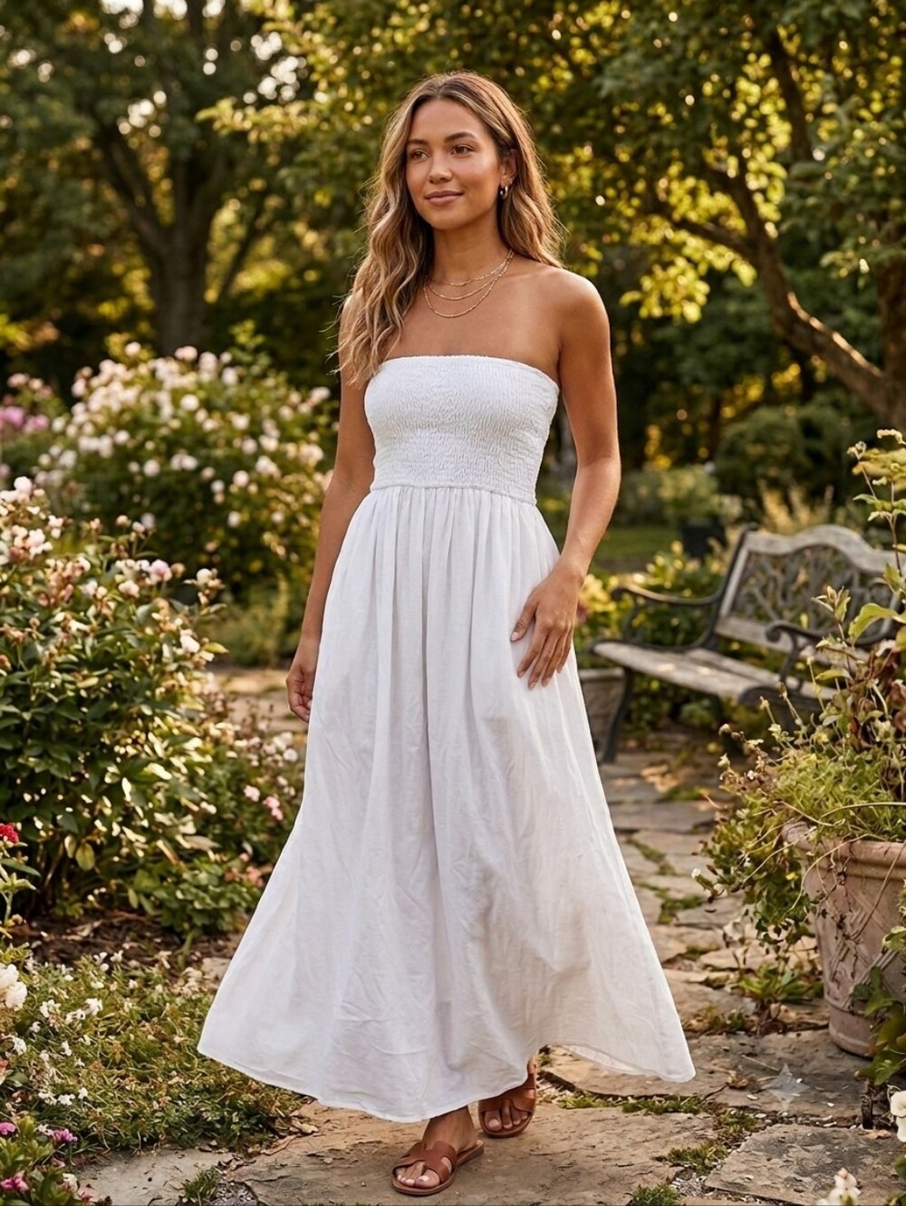 PrettyLittleThing White Strapless Smocked Maxi Dress